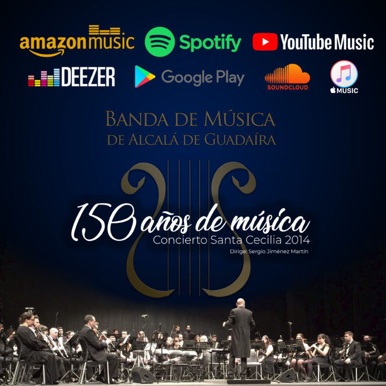 Portada del disco del Concierto Conmemorativo de los 150 años de la Banda de Música de Alcalá de Guadaíra, con la banda sobre el escenario